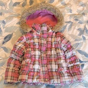 Plaid Pink Kids Jacket with Faux Fur Hood